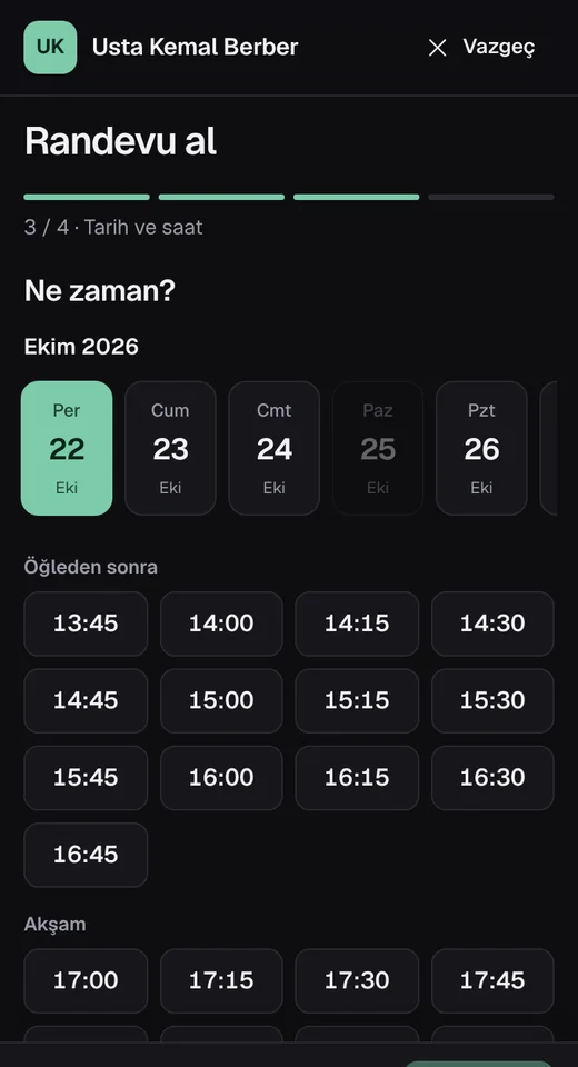 Müşterinin telefonda gün ve saat seçtiği randevu ekranı